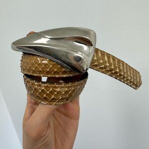 Apple Acc Brown Vintage Real Snakeskin Large Silver Buckle Adjustable Belt XS